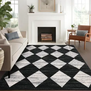 Plaid Black 5x7 Checkered Area Rug Washable Non-Slip Rubber Backing Soft Faux Wool Durable Edges Foldable for Living Room Bedroom Kitchen