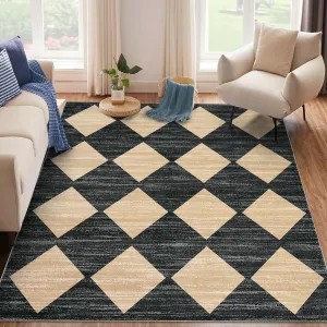 Plaid Black Beige 10x13 Large Modern Living Room Rug Geometric Diamond Design, Non-Slip & Washable, 100% Polyester, Soft Low Pile, Stain-Resistant, Black Camel - Bedroom & Dining Room