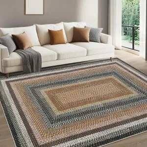 Printed Rug Braided Pattern Washable 9x12 Soft Non Slip Stain Resistant Carpet for Living Room Bedroom Nursery