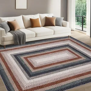 Printed Rugs with Braided Pattern, Washable 10x13 Area Rug for Living Room, Non Slip Soft Low Pile Stain Resistant Carpet, Large Neutral Colors