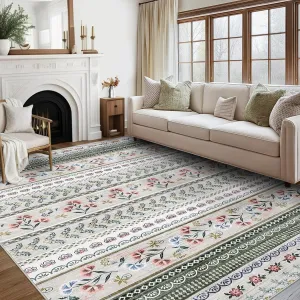 Living Room Area Rug 9x12 Floral Boho Rug Large Washable Rug for Bedroom Non Slip Stain Resistant Dining Room Throw Carpet Ultra Soft Rustic Farmhouse Carpet for Home Decor Office, Ivory