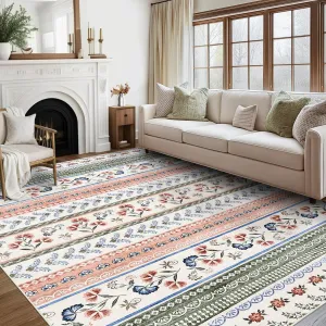 Floral Area Rug 8x10 Washable Rug for Living Room Soft Boho Rug Non Slip Dining Room Throw Carpet Stain Resistant Large Bedroom Area Rug Geometric Carpet for Girls Home Decor, Green