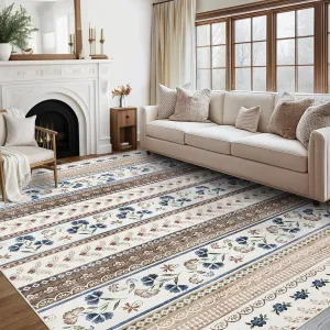 Living Room Area Rug 9x12 Floral Boho Rug Large Washable Rug for Bedroom Non Slip Stain Resistant Dining Room Throw Carpet Ultra Soft Rustic Farmhouse Carpet for Home Decor Office, Brown