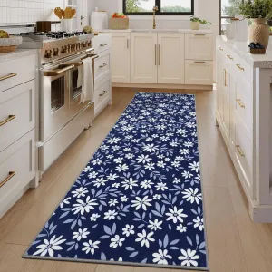 2x6 Washable Foldable Rug Modern Floral Pattern Mat - Non Slip, Low Pile, Reinforced Edges, Stain Resistant, Easy Care Carpet for Living Room, Bedroom, Bathroom, Kitchen, Entryway, Hallway - Blue