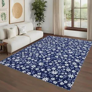 Floral Area Rug 10x13 Navy Blue - Washable Modern Patterned Leaf Carpet for Living Room, Bedroom, Dining Room Non-Slip Mat