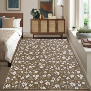 9x12 Washable Foldable Rug Non Slip Low Pile Reinforced Edges Brown Floral Pattern for Living Room Bedroom Bathroom Kitchen Entryway Hallway