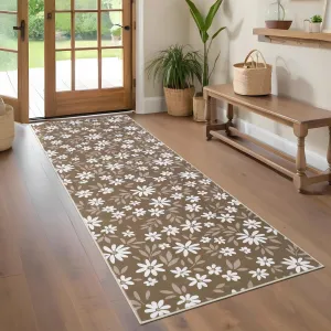 2x6 Runner Rug Brown, Modern Floral Pattern, Machine Washable, Non-Slip, Low Pile for Bedside and Kitchen