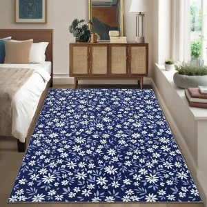 9x12 Washable Foldable Rug Modern Floral Pattern Mat - Non Slip, Low Pile, Reinforced Edges, Stain Resistant, Easy Care Carpet for Living Room, Bedroom, Bathroom, Kitchen, Entryway, Hallway