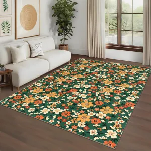 Modern Living Room Rugs 8x10 Large Washable Floral Print Floor Cover with Non-Slip Backing, Green