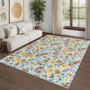 Large Modern Living Room Rugs 10x13 Washable Floral Print Accent Carpet Blue with Non-Slip Backing, Stain-Resistant, Low Pile Indoor Mat