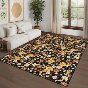 Modern Living Room Rugs 8x10 Washable Floral Print Non-Slip Black
