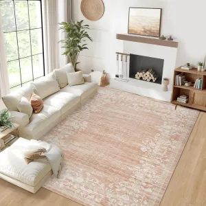 Washable Area Rug Floral Low Pile Non Slip Soft Pink 5'x7' for Living Room Bedroom Office