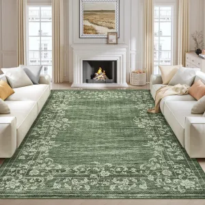 Washable Green Floral Bordered Rug 10x13 Non Slip Soft Polyester Durable Low Pile for Living Room Bedroom Dining