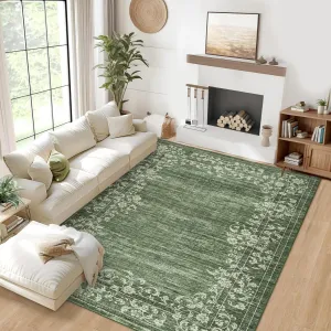 Washable 8x10 Area Rug Floral Bordered Soft Non-Shedding Polyester TPR Backing Non-Slip Living Room Bedroom Nursery