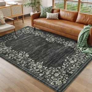 Washable Rugs 5x7 Rug Non Slip Large Bedroom Retro Farmhouse Black Soft Low Pile Stain Resistant