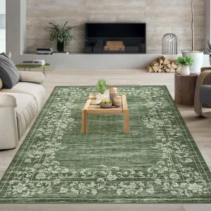 Washable Rug 5x7 Modern Floral Border Stain Resistant Non-Slip Backing Low Pile Soft Touch Indoor Living Room Bedroom Dining