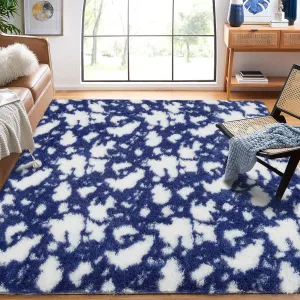 Large 9x12 Shag Area Rugs for Living Room Indoor Fluffy Blue Rug Thick Plush Non-Slip Shaggy Carpet Ultra Soft Fuzzy Rugs for Bedroom Kids Room Nursery Playroom Modern Cow Print Home Decor
