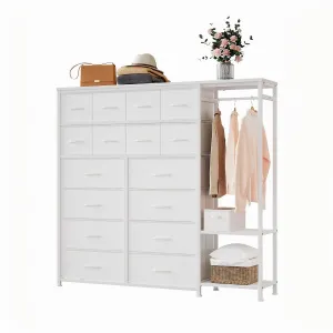 16 Drawers Dresser with Clothes Rack, Freestanding Closet Organizer for Hanging Clothes, Tall Fabric Chests with Wardrobe Clothing Rack, 2 Storage Shelves for Bedroom Living Room, White