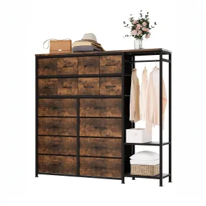 16 Drawers Dresser with Clothes Rack, Freestanding Closet Organizer for Hanging Clothes, Tall Fabric Chests with Wardrobe Clothing Rack, 2 Storage Shelves for Bedroom Living Room, Brown