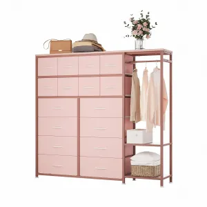 16 Drawers Dresser with Clothes Rack, Freestanding Closet Organizer for Hanging Clothes, Tall Fabric Chests with Wardrobe Clothing Rack, 2 Storage Shelves for Bedroom Living Room, Pink