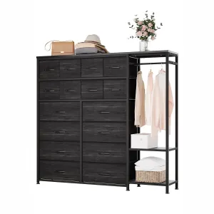 16 Drawers Dresser with Clothes Rack, Freestanding Closet Organizer for Hanging Clothes, Tall Fabric Chests with Wardrobe Clothing Rack, 2 Storage Shelves for Bedroom Living Room, Black