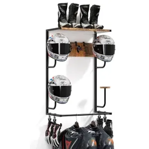 Motorcycle Helmet Holder Wall Mount With 4 Hat Stands 4 Glove Clips 4 Hooks For Motorcycle Gear Accessories Storage, Durable Ironwood, Metal Frame, Space-Saving, Black