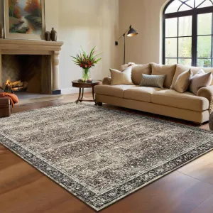 9x12 Washable Boho Living Room Rug Soft Vintage Distressed Floor Carpet, Non Slip Non Shedding Low Pile Area Rug for Bedroom Dinning Room, Dark Brown