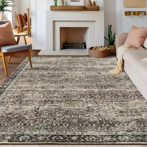6x9 Living Room Rug Soft Boho Washable Area Rug, Vintage Distressed Non Slip Low Pile Floor Carpet for Bedroom and Dinning Room, Dark Brown