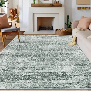6x9 Living Room Rug Soft Boho Washable Area Rug, Vintage Distressed Non Slip Low Pile Floor Carpet for Bedroom and Dinning Room, Green
