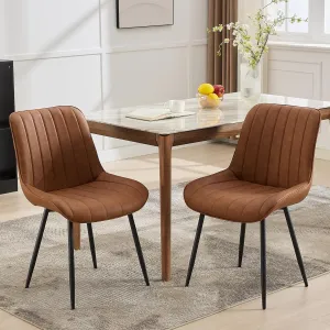 Set of 2 Mid Century Modern Dining Chairs in Ergonomic Curved Design with Faux Leather and Metal Legs for Dining Room, Brown