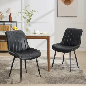 Set of 2 Mid Century Modern Dining Chairs in Ergonomic Curved Design with Faux Leather and Metal Legs for Dining Room, Black