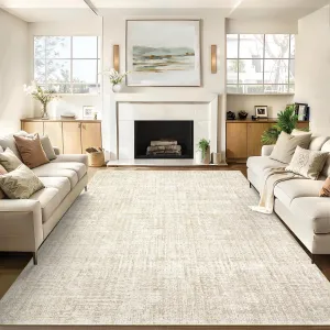 Neutral Modern Solid Area Rugs 9x12 Beige Washable Low Pile Stain Resistant Foldable Carpet for Living Room Home Office