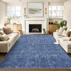 8x10 Area Rug Machine Washable Non-Slip Low Pile Plush Durable Fade-Resistant Blue Living Room Bedroom Accent Carpet