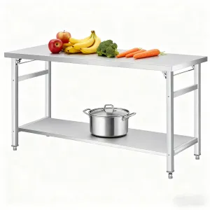 60"L x 24"W x 33"H Folding Stainless Steel Table, Double-Tier Worktable with Adjustable Undershelf & Feet for Home Kitchen Restaurant, Silver