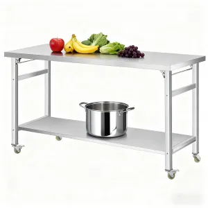 60"L x 24"W x 33"H Folding Stainless Steel Table Double-Tier Commercial Worktable with Adjustable Undershelf & Feet for Home Kitchen Restaurant, 1000 LBS, Silver with Wheels