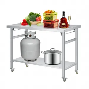 48"L x 24"W x 33"H Stainless Steel Folding Table Commercial Work Table with Lockable Casters and Undershelf for Home Kitchen Restaurant Garage Camping Outdoor Foldable Double-Tier Workstation