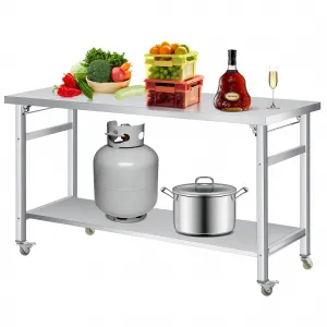 60"L x 24"W x 33"H Stainless Steel Folding Table Commercial Work Table with Lockable Casters and Undershelf for Home Kitchen Restaurant Garage Camping Outdoor