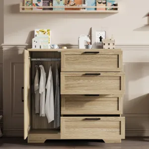 43.3" H Armoire Wardrobe Closet with 4 Drawers and Hanging Rod, Multi-Functional Wood 4 Drawers Dresser with Storage Closet, Clothing Storage Cabinets for Bedroom, Wood Color