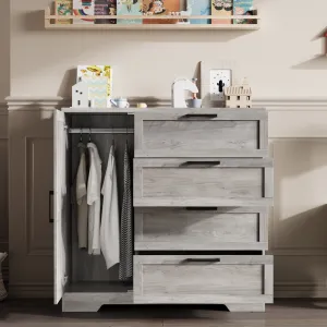 43.3" H Armoire Wardrobe Closet with 4 Drawers and Hanging Rod, Multi-Functional Wood 4 Drawers Dresser with Storage Closet, Clothing Storage Cabinets for Bedroom, Gray