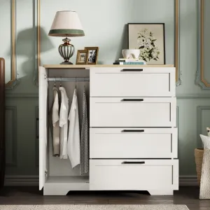 43.3" H Armoire Wardrobe Closet with 4 Drawers and Hanging Rod, Multifunctional Wood 4 Drawers Dresser with Storage Closet, Clothing Storage Cabinets for Bedroom, White