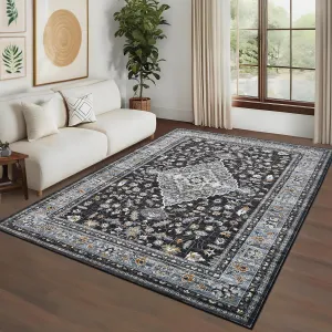 Washable 10x13 Vintage Oriental Large Rugs for Living Room, Bedroom, Black, Low Pile, Non Slip