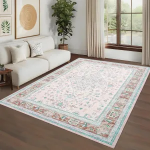 8x10 Washable Rugs Low Pile Non Slip Stain Resistant Pink Vintage Distressed Accent Rug for Living Room Bedroom Dining Room Nursery