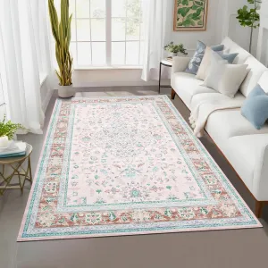 Washable 9x12 Vintage Large Rugs Low Pile Soft Indoor Area Rug Non Slip Pink
