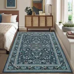 Washable 8x10 Rugs Non Slip Low Pile Retro Floral Large Rug Blue for Dining Living Room Bedroom