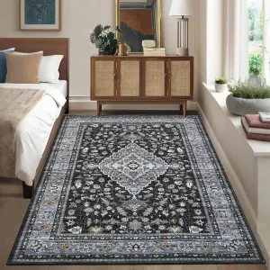 8x10 Washable Area Rugs Vintage Oriental Indoor Carpet Non Slip Distressed Medallion Floor Mat Black