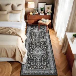 Washable 2x6 Runner Rug for Bedroom Hallway Vintage Non Slip Runners Kitchen Laundry Farmhouse Entryway Living Room Floor Mat Low Pile Floor Carpet for Bathroom Distressed Bedside Rug, Black