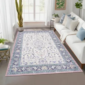 9x12 Washable Vintage Large Rugs for Living Room Purple Low Pile Soft Non Slip Backing