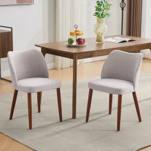 Set of 2 Mid Century Modern Linen Dining Chairs with Wood Legs for Dining Room, Grey