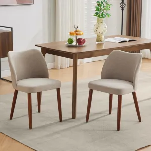 Set of 2 Mid Century Modern Linen Dining Chairs with Wood Legs for Dining Room, Khaki