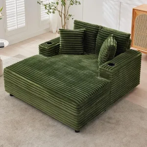Oversized Chaise Lounge Chair Indoor, 60 Inch Upholstered Sofa Bed with Throw Pillows and Armrests, Comfy Corduroy Sleeper Couch for Living Room, Bedroom, Office, Green
